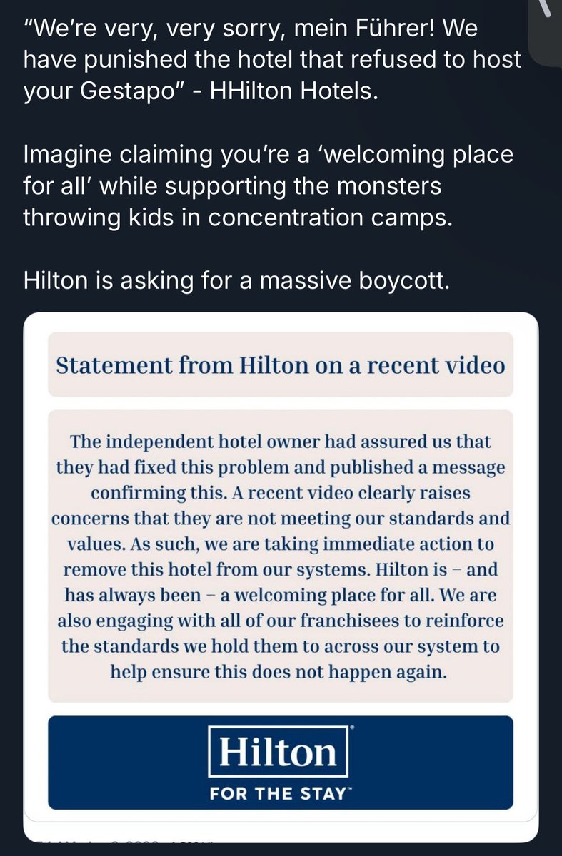 THEMARVELOUSOUT's tweet photo. Damn not only did @HiltonHotels throw one of their hotel owners under the bus, they capitulated to housing thugs attacking American cities. 

They were gonna be the first one I looked at whenever I needed a hotel after rejecting ICE, way to swing to the ‘never fucking again’ rq https://t.co/pPBJ7Ydvm4