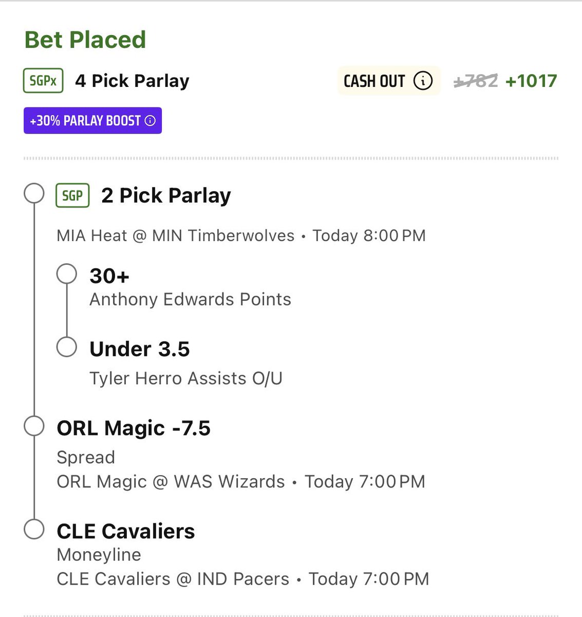 Evbettingplus's tweet image. 🐍 DraftKings 30% NBA SGPx 🐍

🔗 quickpick.pikkit.com/betslip/9387b1…

+782 ➜ +1017
Fair value: +883
Play: 0.34 U
EV: 13.63%
Devig — Pinnacle (12k / 20k limits)
Correlation — BetRivers / Caesars / ScoreBet / FanDuel / BetMGM