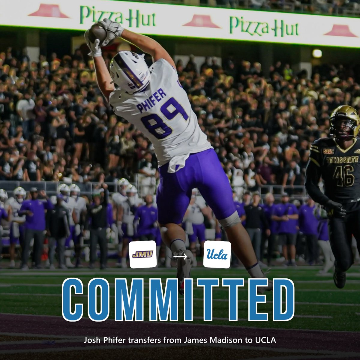 recruitpulseapp's tweet photo. BREAKING: Josh Phifer, a tight end from James Madison, has committed to UCLA out of the transfer portal with eligibility remaining. The 6’5”, 258-lb TE appeared in 12 games in 2025, catching 4 passes for 40 yards and a touchdown, including a 14-yard score vs. Texas State and another key reception in JMU’s College Football Playoff appearance. Phifer, originally signed to JMU by former coach Curt Cignetti, gives the Bruins experience at tight end as new head Bruins coach Bob Chesney continues to rebuild the offense with familiar pieces from his Dukes roster. #joshphifer #jamesmadison #jmufootball #ucla #uclafootball #transferportal ￼@JoshPhifer11