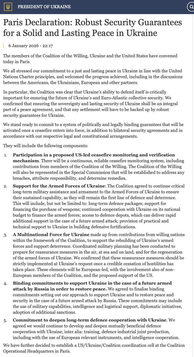 KaterynaLis's tweet image. 🚨Office of Ukrainian President published the text of a signed Paris Declaration: Coalition was clear that Ukraine’s ability to defend itself is critically important for ensuring the future of Ukraine’s and Euro-Atlantic collective security. We confirmed that ensuring the…
