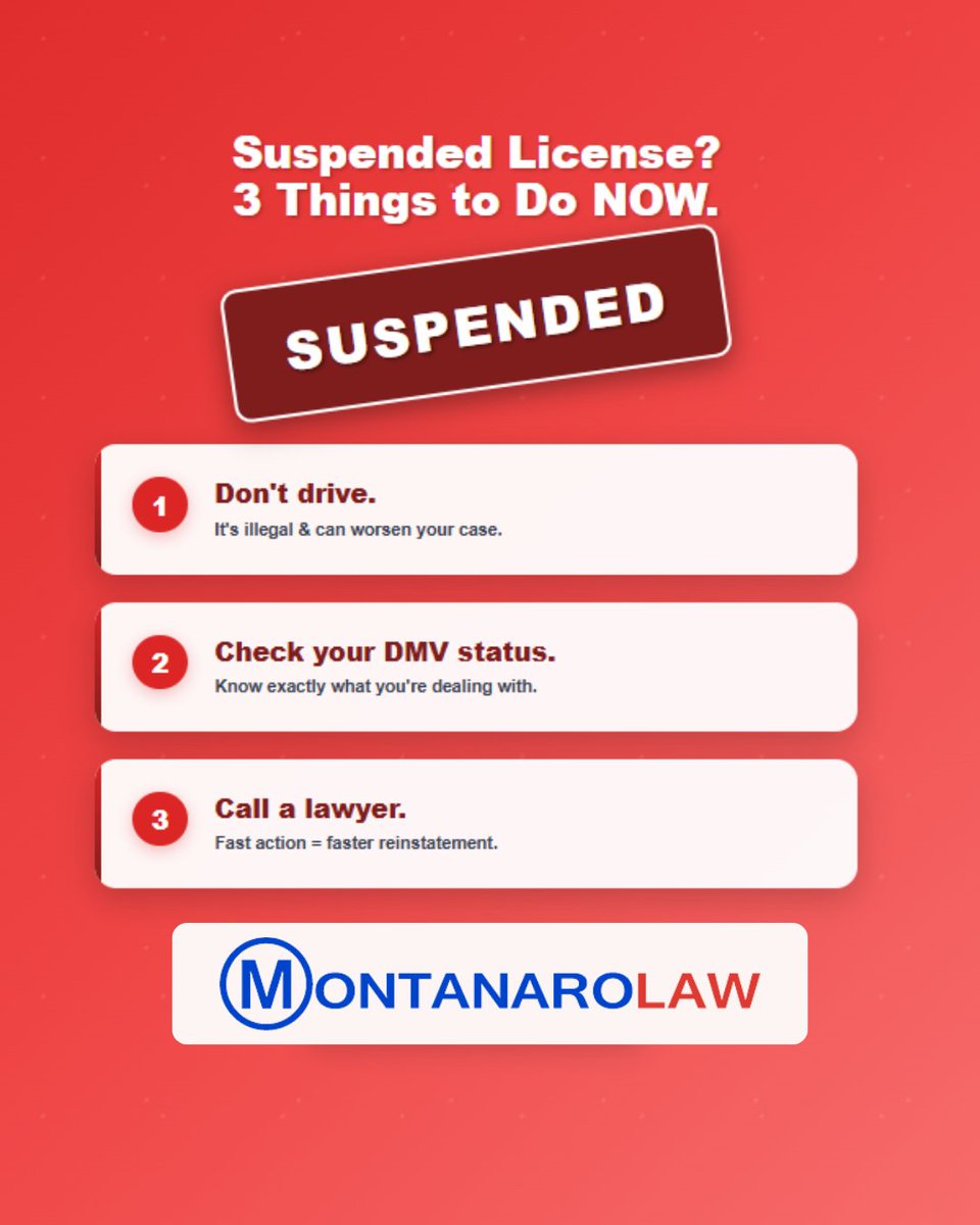montanarolaw's tweet image. License suspended? MontanaroLaw can help you fight back and get you back on the road. Call now! #MontanaroLaw #SuspendedLicense #LicenseHelp #TrafficLawyer

(516)203-1700
montanarolaw.com
info@montanarolaw.com