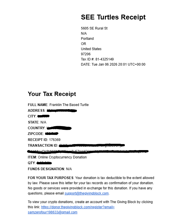 Matched the donation to save some Franklins friends. Will do more donations going forward as we grow its about giving and helping that is one of the pillars.

<a href="/SEEturtles/">SEE Turtles</a> <a href="/FranklinOGsol/">Franklin The Based Turtle CTO</a>