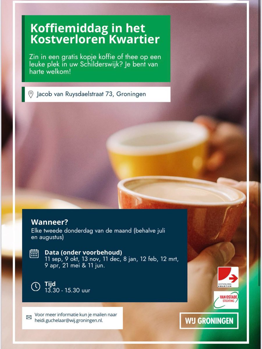 Donderdagmiddag 8 januari is er weer Koffiemiddag in het Kostverlorenkwartier. We beginnen (na 1/2 uurtje yoga) om 13.30u en gast is verhalenvertelster en wijkbewoonster Marianne Kootstra. Iedereen is welkom. Koffie/thee met koek is gratis!