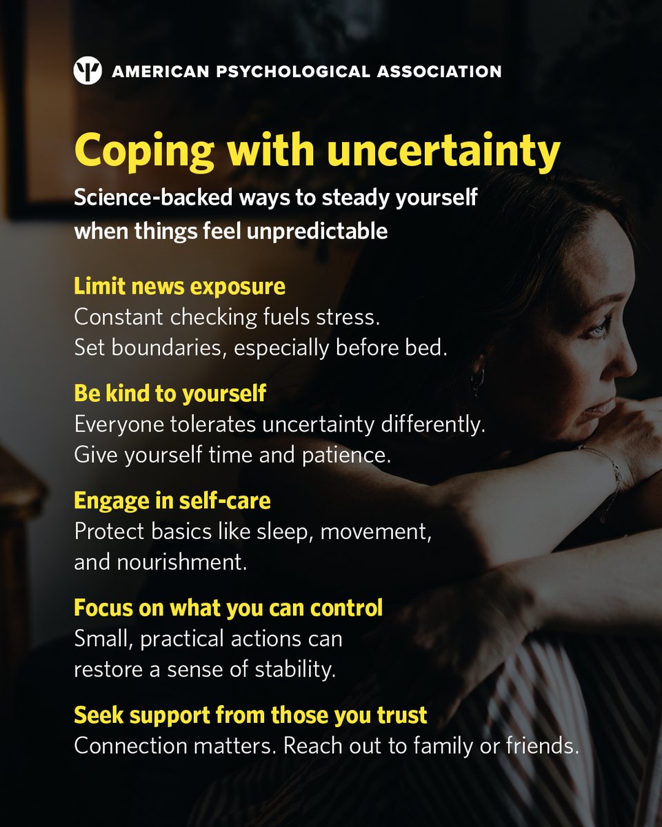 Uncertainty can be #stressful, but it doesn’t have to be overwhelming. Psychological science offers practical ways to stay grounded and support your well-being when things feel unstable. 

Learn more: at.apa.org/5f8e09