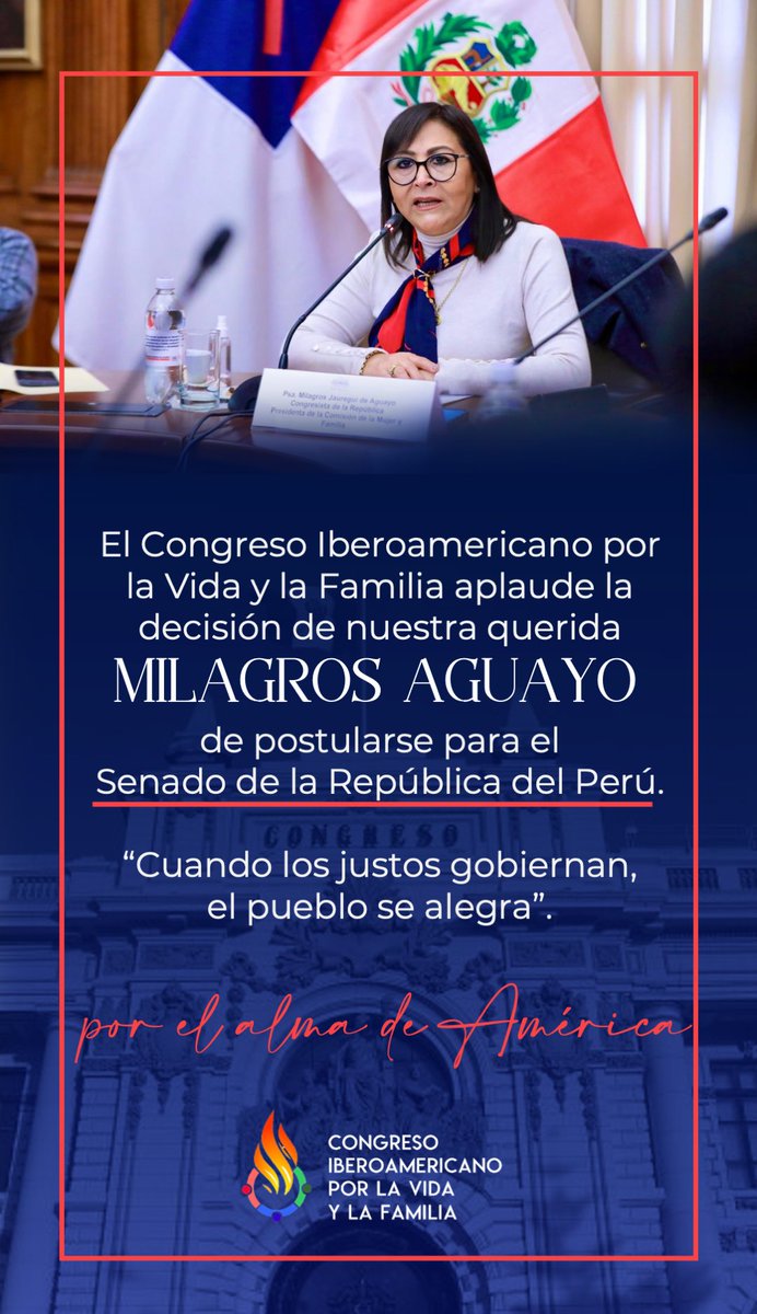 Hoy que se ha hecho público la intención de la congresista <a href="/MJAguayo63/">Milagros Jáuregui de Aguayo</a> de contender por un escaño en el Senado de la República del Perú, le expresamos nuestro total respaldo y hacemos votos porque, a través de esta mujer espléndida, Dios siga bendiciendo al Perú.