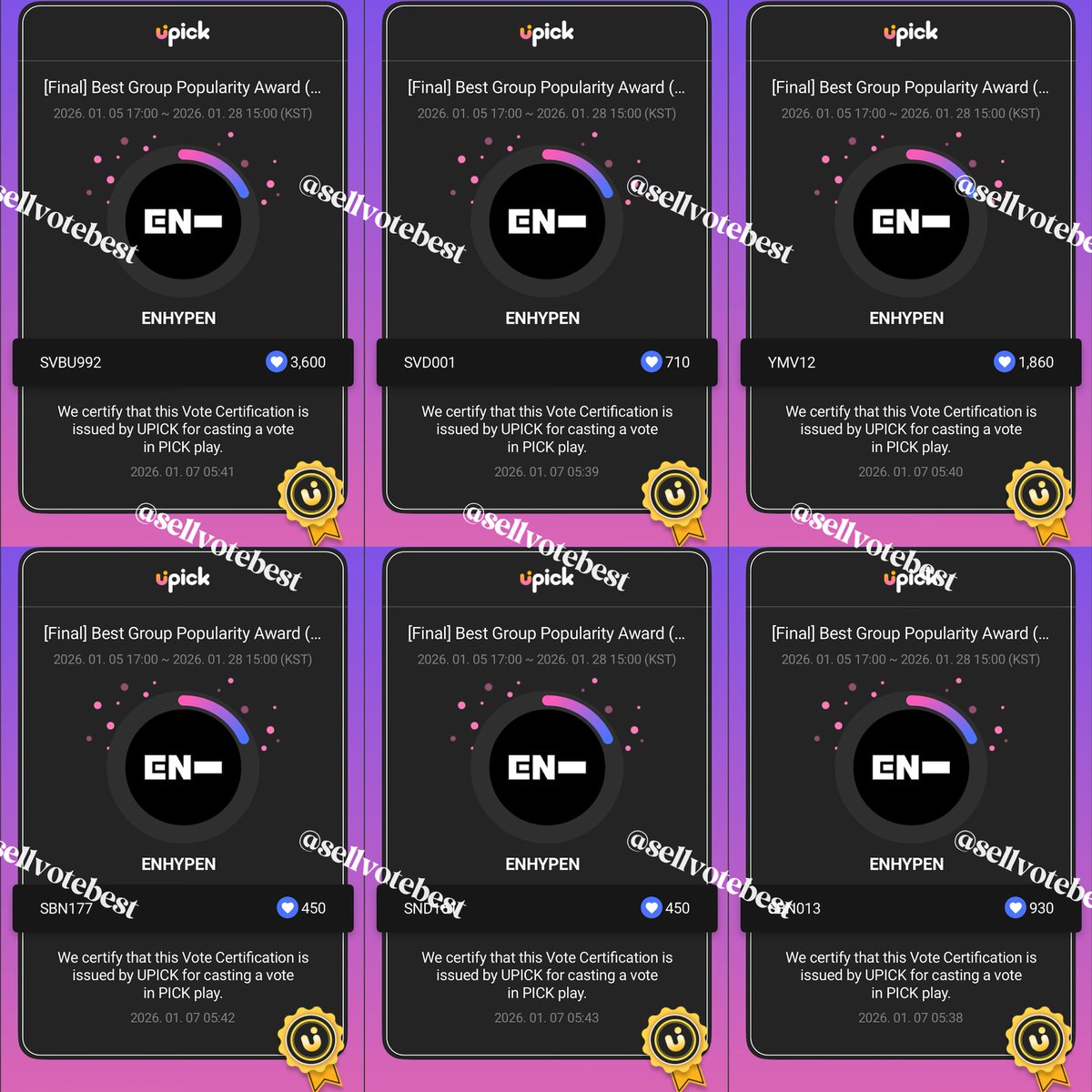 Proof [8,000💙] UPICK
RT deal for #ENHYPEN | D Awards - [Final] Best Group Popularity Award (Boy)
#SellvotebestProof #sellvotebestGA

📩 DM for available votes &amp; reservation
wts wtb selling kpop votes