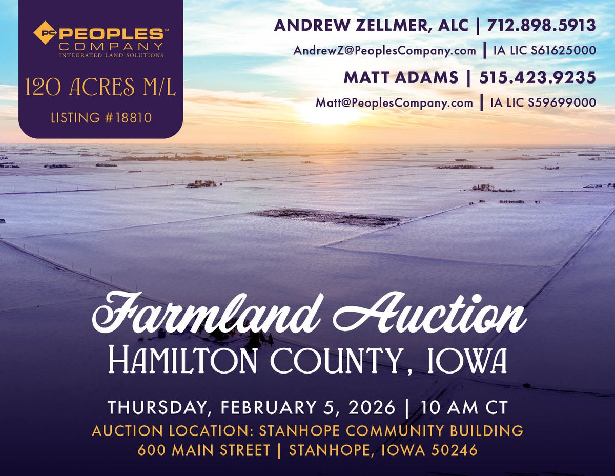 UPCOMING FARMLAND AUCTION

120 Acres M/L in Hamilton County, Iowa

Peoples Company is pleased to present the sale of the Clifford L. Johnson Farm, 120 acres m/l located approximately 3 miles northeast of Stanhope, Iowa in Section 28 of Hamilton Township.

+ 120 Total Acres |
