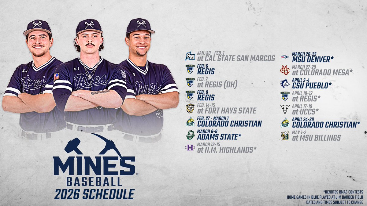 ⚾️ 𝟮𝟬𝟮𝟲 𝗦𝗖𝗛𝗘𝗗𝗨𝗟𝗘 ⚾️

Mark your calendars if you haven't already!

📰 minesathletics.com/news/2026/1/6/…
📅 minesathletics.com/sports/basebal…

#HelluvaEngineer⚒️