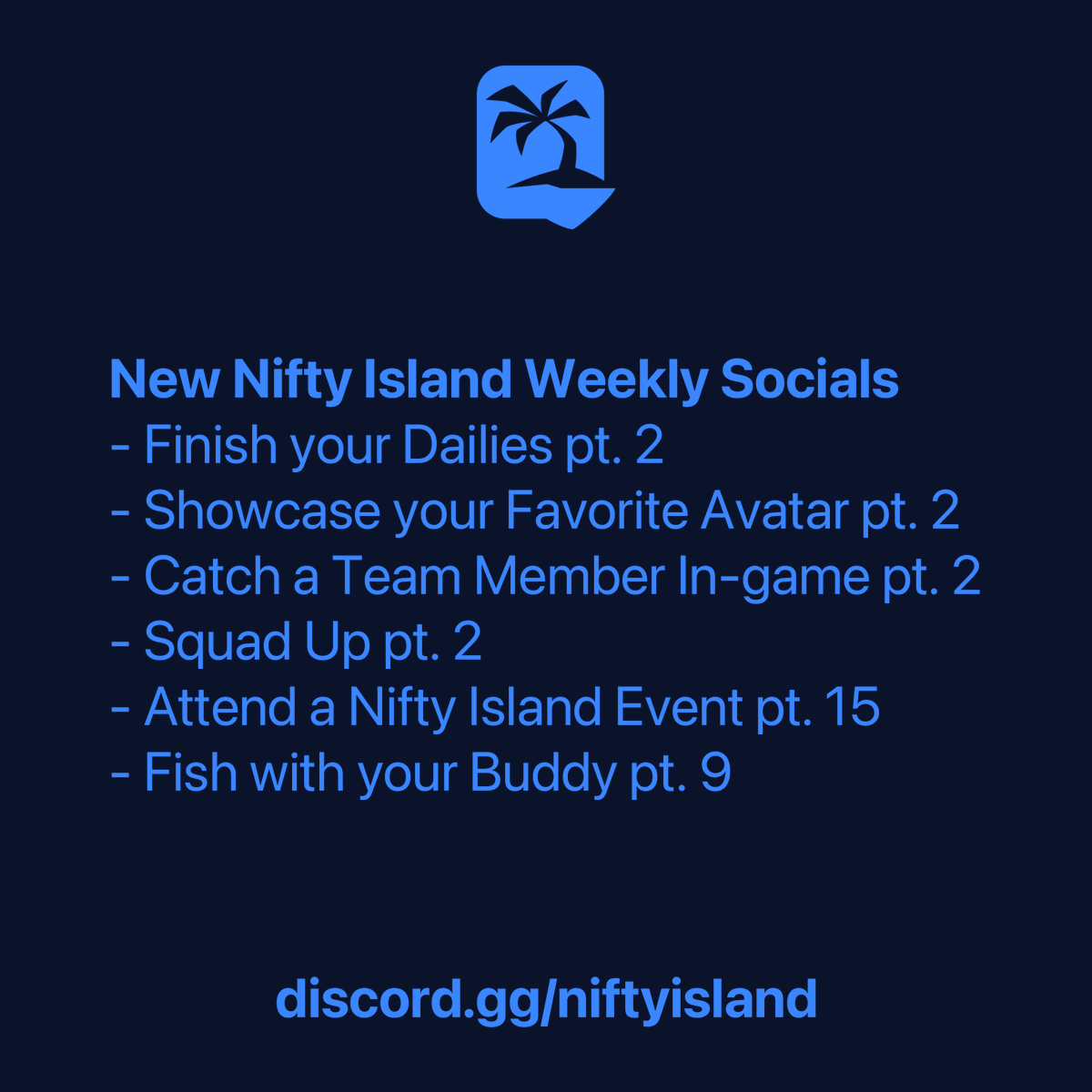Hop into the new <a href="/niftyisland/">Nifty Island 🏝</a> weekly socials!  

Play, post, and win Blooms + Legendary Pistols.

Full details in Discord: discord.gg/niftyisland