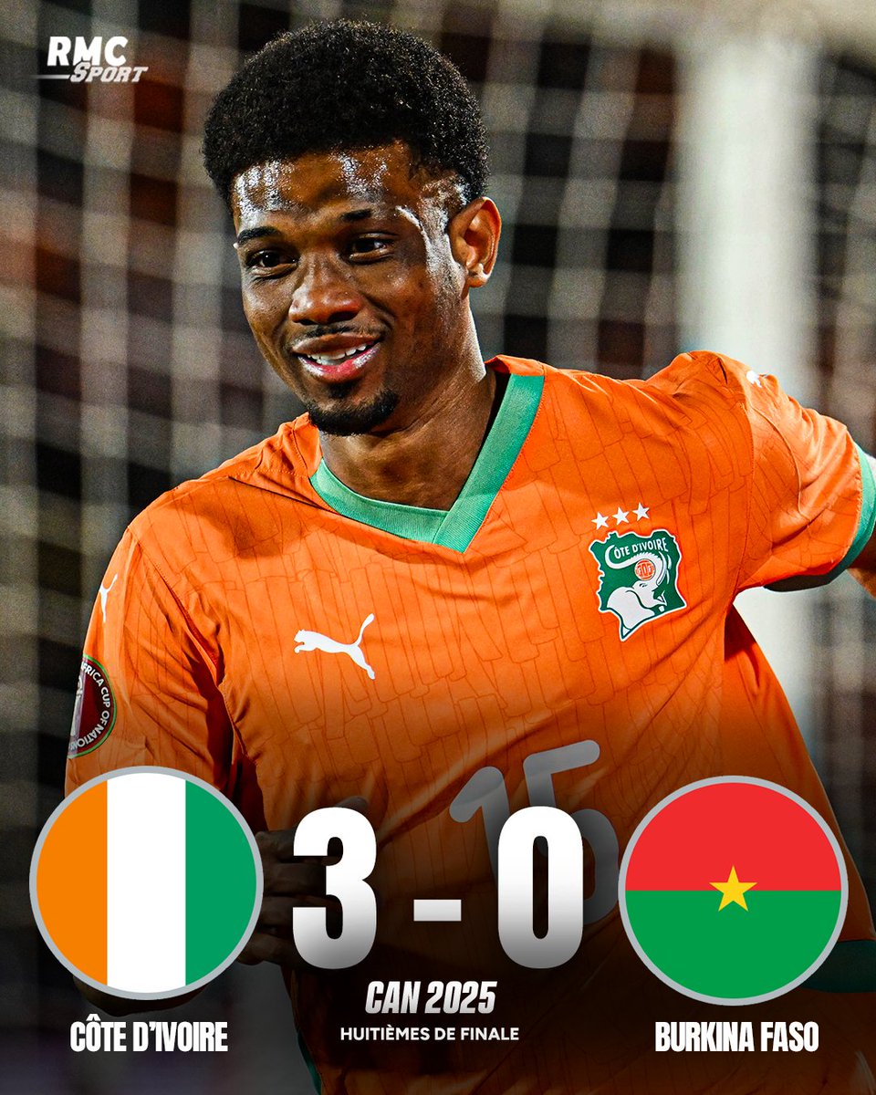 RMCsport's tweet image. 🔥🇨🇮 La Côte d'Ivoire, tenante du titre, s'impose en patron face au Burkina Faso (3-0) et défiera l'Egypte en quart de finale de cette CAN 2025.
rmcsport.bfmtv.com/football/coupe…