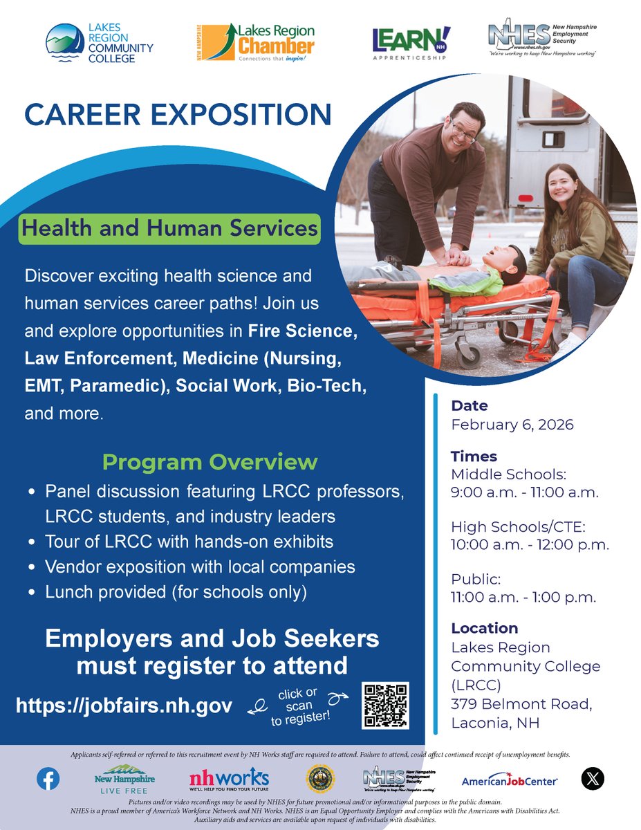 NHESWorking's tweet image. LRCC Career Exposition - Health and Human Services
Friday, February 6, 2026

Public:  11:00am - 1:00pm

Lakes Region Community College
379 Belmont Road
Laconia, NH 03246

Job Seekers and Employers MUST register to attend. Visit jobfairs.nh.gov