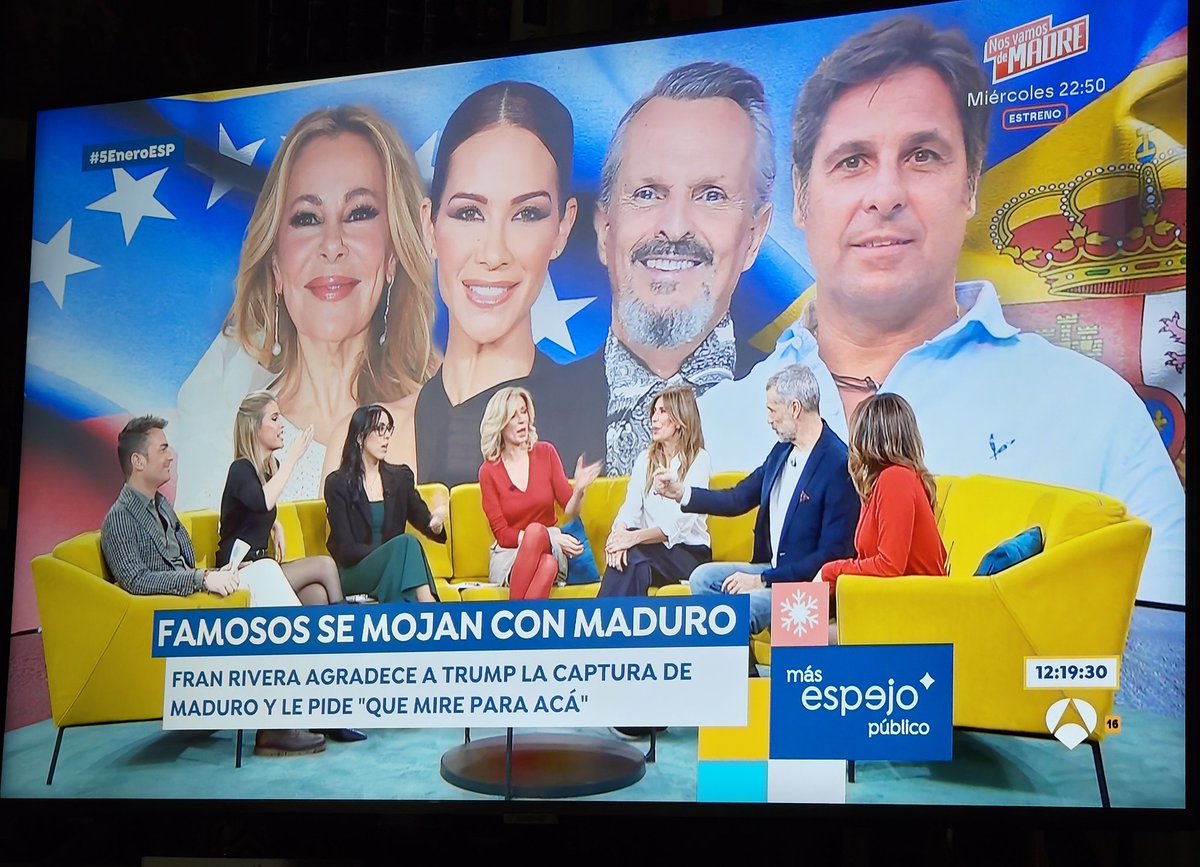Las voces de "expertos" en Atresmedia para hablar sobre el ataque militar del ultraderechista Donald Trump en Venezuela: Fran Rivera, Toni Cantó, Ana Obregón, Miguel Bosé. Tremendo lo de este país.