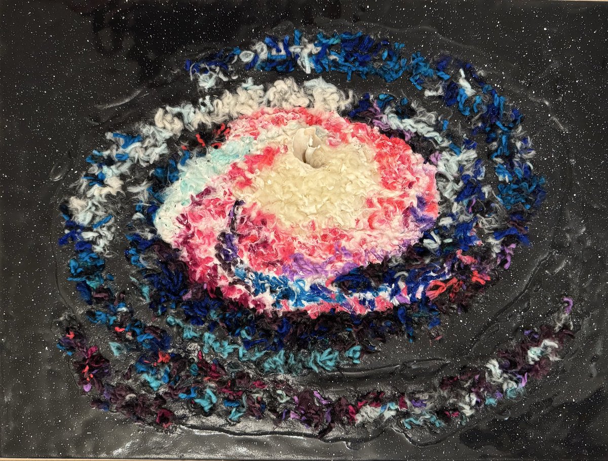 Hi everyone!  I’m a NY/FL artist and also lived in Dallas TX for 7 years.  This is my new piece called Spiral of Becoming (texture made with glue, baking soda, and acrylic paint) with yarn on top
