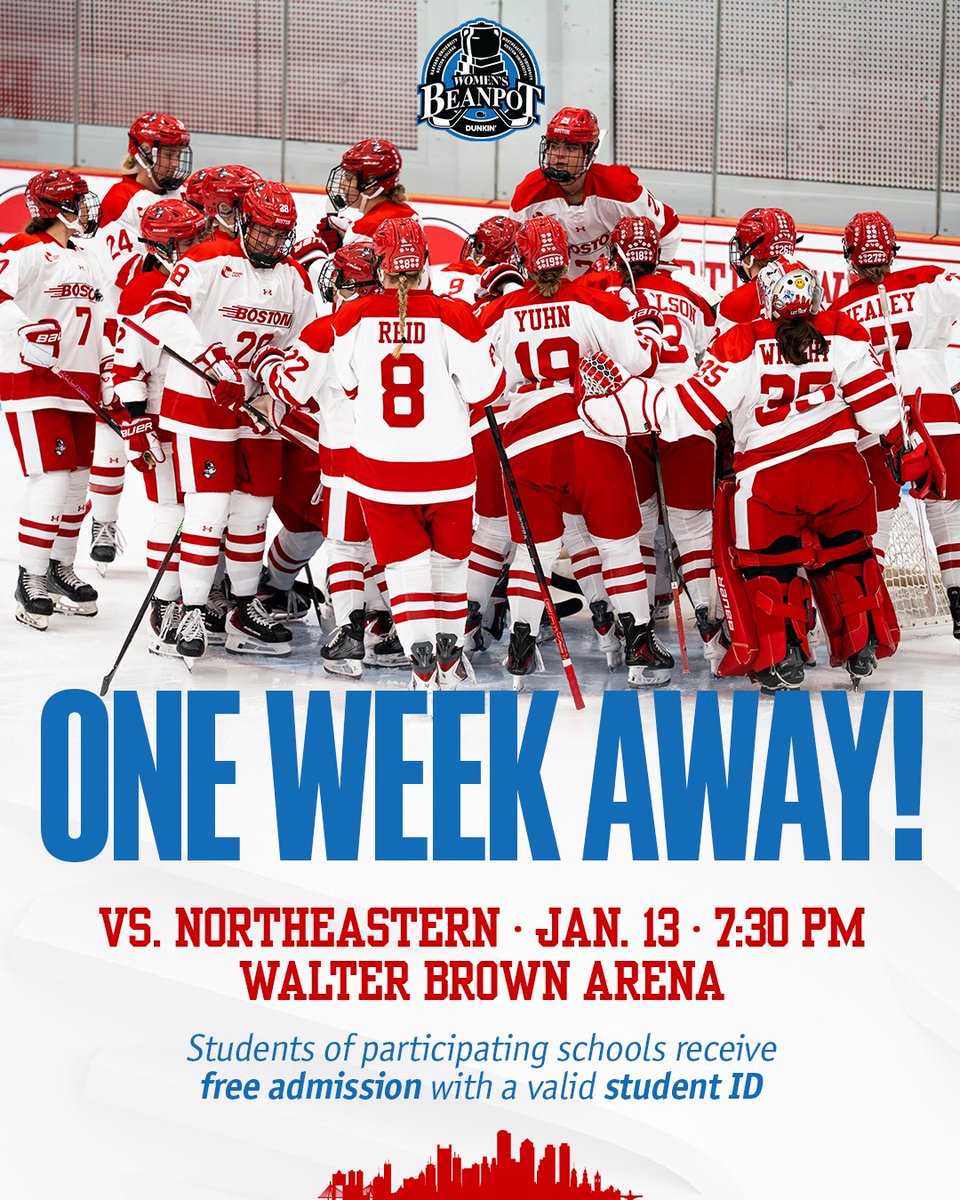We're ONE WEEK away from the <a href="/dunkindonuts/">Dunkin'</a> Women's Beanpot and we need YOU in the stands to cheer us on against Northeastern!

Students receive free admission, but if you need a ticket, head to this link: am.ticketmaster.com/agganis/buy/is…

See you on Tuesday at 7:30pm at Wally B!

#GoBU