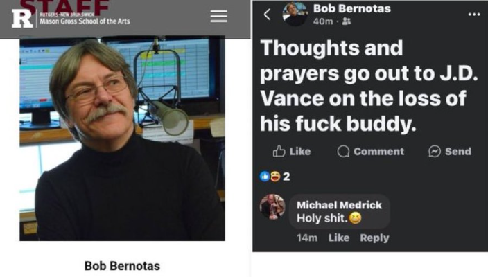NizNellie3's tweet photo. 🚨 The Dept of Education shoved $518 MILLION dollars into the hands of Rutgers University in 2025.

Bob Bernotas, Adjunct Professor of Jazz Appreciation:  

Upon learning Charlie Kirk was murdered, Bob had zero impulse control and celebrated his death. We're funding his salary. https://t.co/BLaa7l9gEV