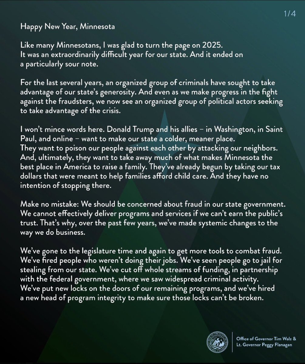 Tyler2ONeil's tweet image. 🚨FACT CHECK

Gov. Tim Walz presented himself as a hero in fighting the Minnesota fraud. In particular, he said, "We've fired people who weren't doing their jobs."👀

So, I decided to ask his office who, exaclty, he fired.

Crickets.

🧵1/8

dailysignal.com/2026/01/06/tim…
