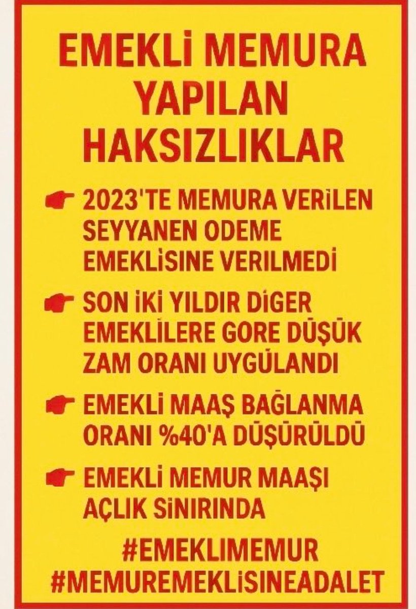 En düşük emekli aylığı 👇
Düşük prim ödendiği içinse,
Yüksek prim ödemesi yapan
30-40 yıl arası
prim ödeyen
#EmekliMemur un 
suçu nedir ❓
KHK375/40 ile
32 ay olmuş yarım maaşa mahkum
#MemurEmeklisineAdalet arıyor!
<a href="/Akparti/">AK Parti</a> 
<a href="/tcbestepe/">T.C. Cumhurbaşkanlığı</a> 
<a href="/isikhanvedat/">Prof. Dr. Vedat Işıkhan</a> 
<a href="/memetsimsek/">Mehmet Simsek</a> 
<a href="/zafersahin06/">Zafer Şahin</a>