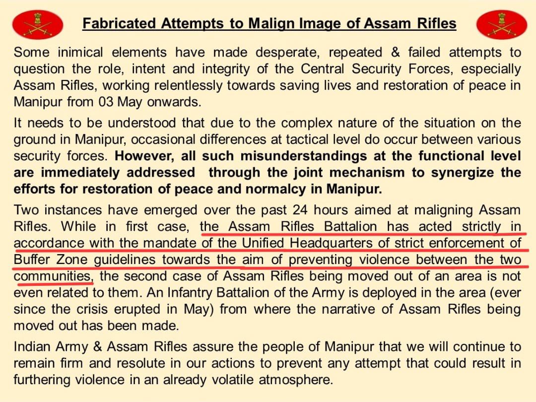 Manipur: The Indian Army <a href="/Spearcorps/">SpearCorps.IndianArmy</a> and <a href="/official_dgar/">The Assam Rifles</a> have clearly defined and enforced the “Buffer Zone” since the start of state-sponsored Genocide against Kukis. Yet Meitei leaders like <a href="/Bimol_Akoijam/">A. Bimol Akoijam</a> play politics—acknowledging it one day, denying it the next like clowns 🤡