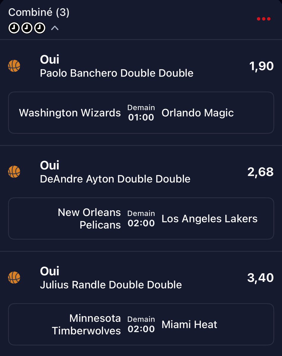 ZENOTORIOUS_'s tweet image. "LA BOMBE"🤐NBA X18 (BONUS/FUN)

📊 Gestion BK 0.3%
✅Le lien du ticket Betclic:
betclic.fr/bet/3d23xoto

📊 Dernières confrontations:
✅Randle DD vs🏀Miami
✅Ayton DD vs🏀New Orleans
✅Banchero DD vs🏀Washington

30€ PARMI LES ❤️ + ♻️ RT DE CE TWEET SI ÇA PASSE !

#TeamParieur