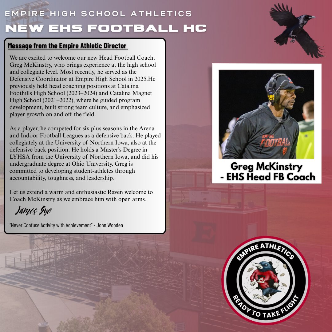 SyeWorks's tweet image. We’re excited to announce Greg McKinstry as our new Head Football Coach!

#EHSAthletics