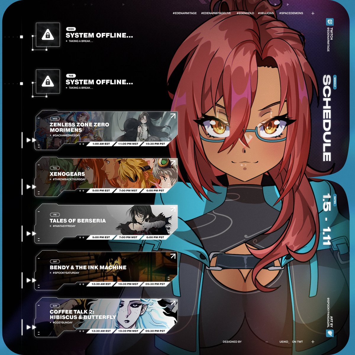 EdenArmitage's tweet image. 🩵 SCHEDULE 🩵
[Week 1/5 - 1/11 (MST Time!)]
Schedule for the week is up! See you all in stream!

☄️: #EdenArmitage
✨: #Hellions, #SpaceDemons
🎨: #EdenHolo
🎥: #EdenArmitageLive

Twitch: twitch.tv/edenarmitage
YouTube: youtube.com/@studioeden2