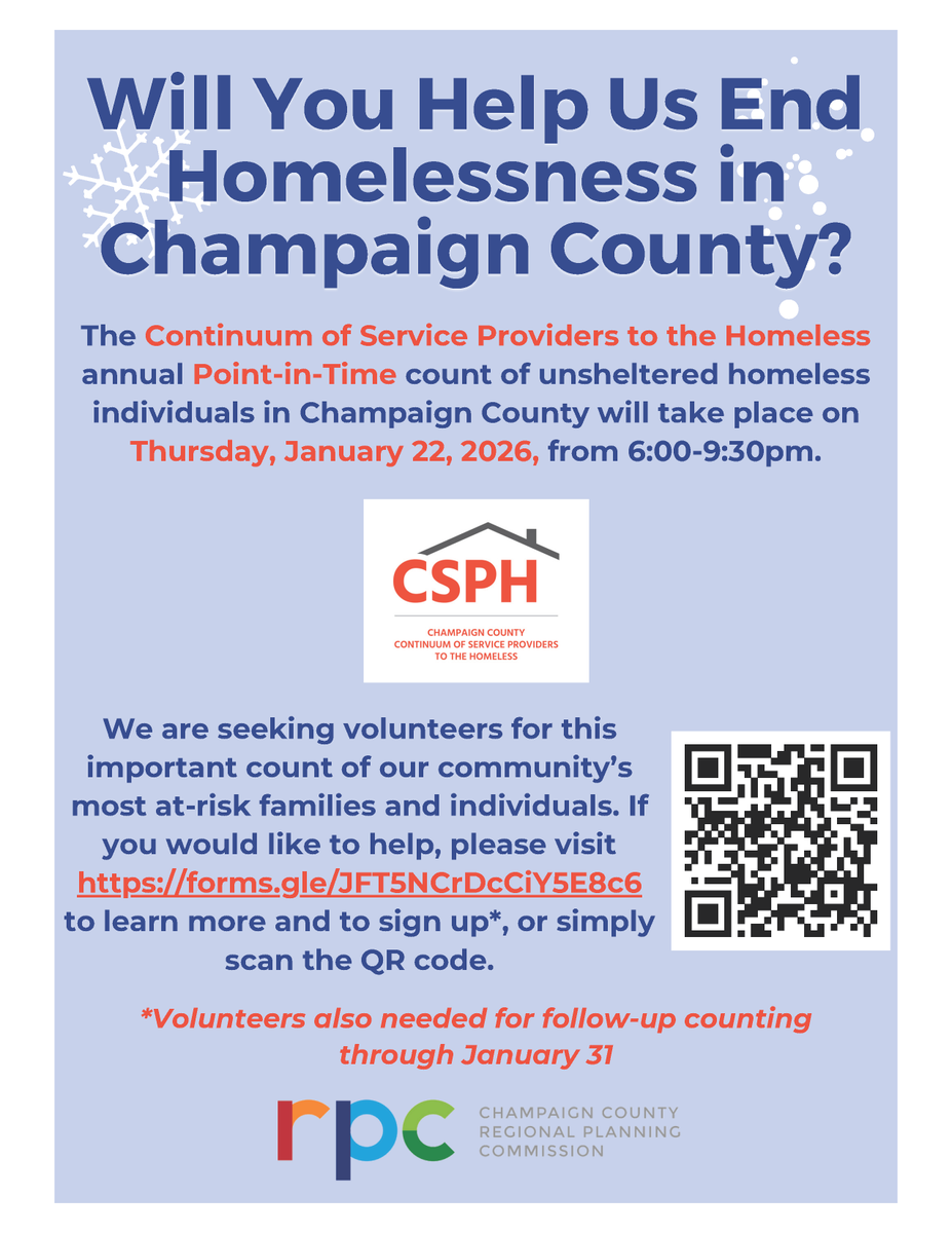 Want to help with this year's Point-in-Time Count of unsheltered homeless individuals in Champaign County? Visit tinyurl.com/3e6dd594 to learn more and to sign up.