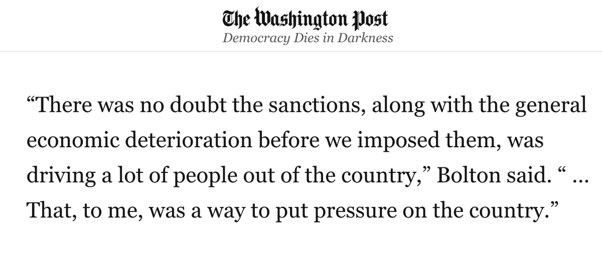 The Trump admin justifies its regime change campaign by citing the collapse of Venezuela's economy and the migration that has resulted. But in its first term, the Trump admin was well aware that its sanctions on Venezuela would cause economic collapse and migration. 

Senior
