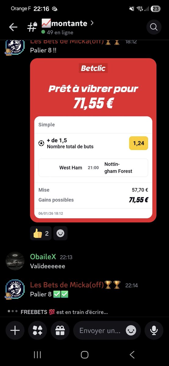 ✅️✅️ palier 8 et dernier palier validé de la montante sur discord !!!

🔥🔥 rejoignez moi sur le serveur et également la team micka ( <a href="/J13Sport/">J13</a> et  <a href="/SportProno12358/">LeLoupDesPronos</a> notamment ) pour profiter des futurs montantes + les bets de la team !! 

discord.gg/wtM5nDEr