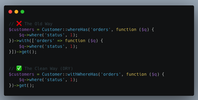 MikelAlilaj's tweet photo. Laravel Tip:   The 'withWhereHas' Method 💡

Stop repeating your Eloquent query logic! 🛑

If you need to filter a model by a relationship and eager load those records, don't use two methods. Use one.🚀

#Laravel #PHP #CleanCode #WebDev #Programming https://t.co/G0eysfFkzT