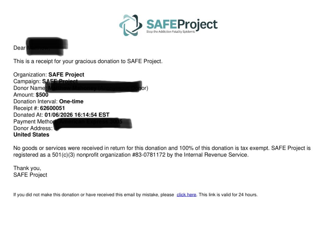We have made another donation of $500 to the <a href="/SAFEprojectUS/">SAFE Project</a> a charity that fights the opioid epidemic in the United States

<a href="/ZachWitkoff/">Zach Witkoff</a>