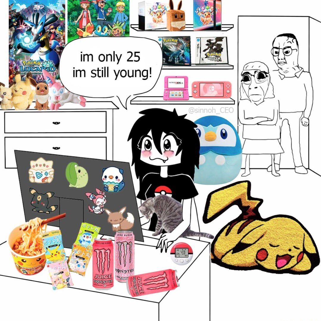 Nearishere's tweet image. 25 but my soul is forever 12 🖤💕  
Room full of Pokémon plushies, instant ramen for dinner, Monster energy to stay up grinding shiny hunts, and my emotional support Pikachu rug.  
Don't talk to me unless you're here to trade Friend Safaris or discuss why Gen 5 is peak