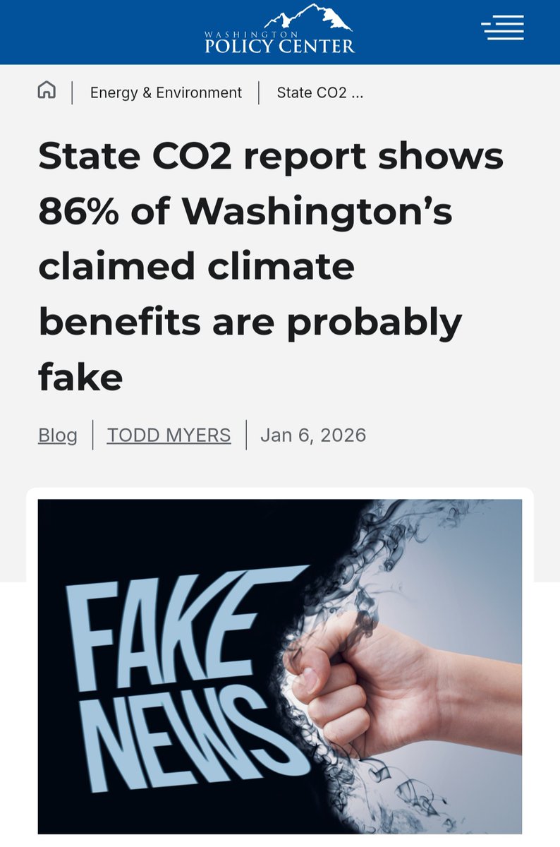 Washington State 

WA STATE Dept. of Ecology CO2 Report Shows 86% of Washington's Claimed Climate Benefits Are Probably FAKE

By Todd Myers, WA Policy Center 
Jan. 6, 2026

washingtonpolicy.org/publications/d…

Post by Todd Myers: