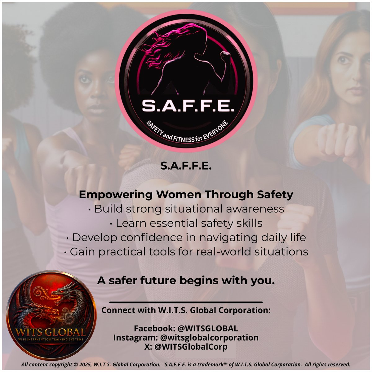 WITSGlobalCorp's tweet photo. S.A.F.F.E. empowers women with essential safety skills, confidence, and situational awareness. Together, we’re helping create a safer future for women everywhere.
#SAFFE #WITSGlobal #WomenEmpowerment #SafetySkills https://t.co/AqDYTdRj7m