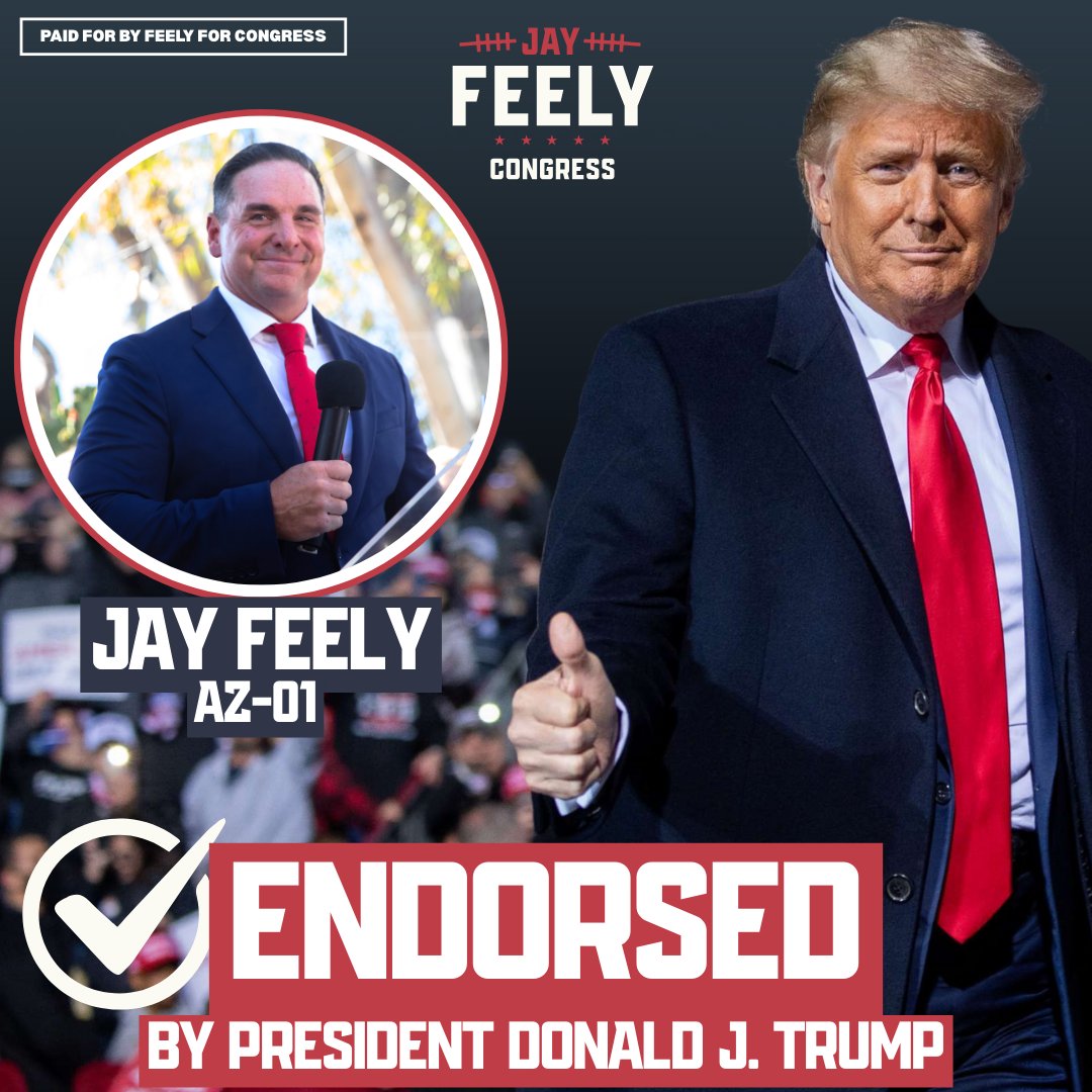 jayfeely's tweet image. I am proud to have President Trump’s full endorsement in my campaign to defend Arizona’s 1st District — one of the most critical seats that will decide the House majority.

Arizonans deserve fearless, common-sense leadership in DC.

Join me in the fight: JayFeelyForCongress.com