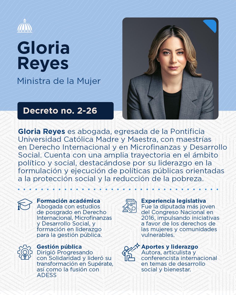 PresidenciaRD's tweet photo. Abogada con sólida formación académica y amplia trayectoria en gestión pública y liderazgo social, vinculada a la formulación de políticas de protección social y al fortalecimiento de los derechos y el bienestar de las mujeres dominicanas. https://t.co/qi9A2JnOD0