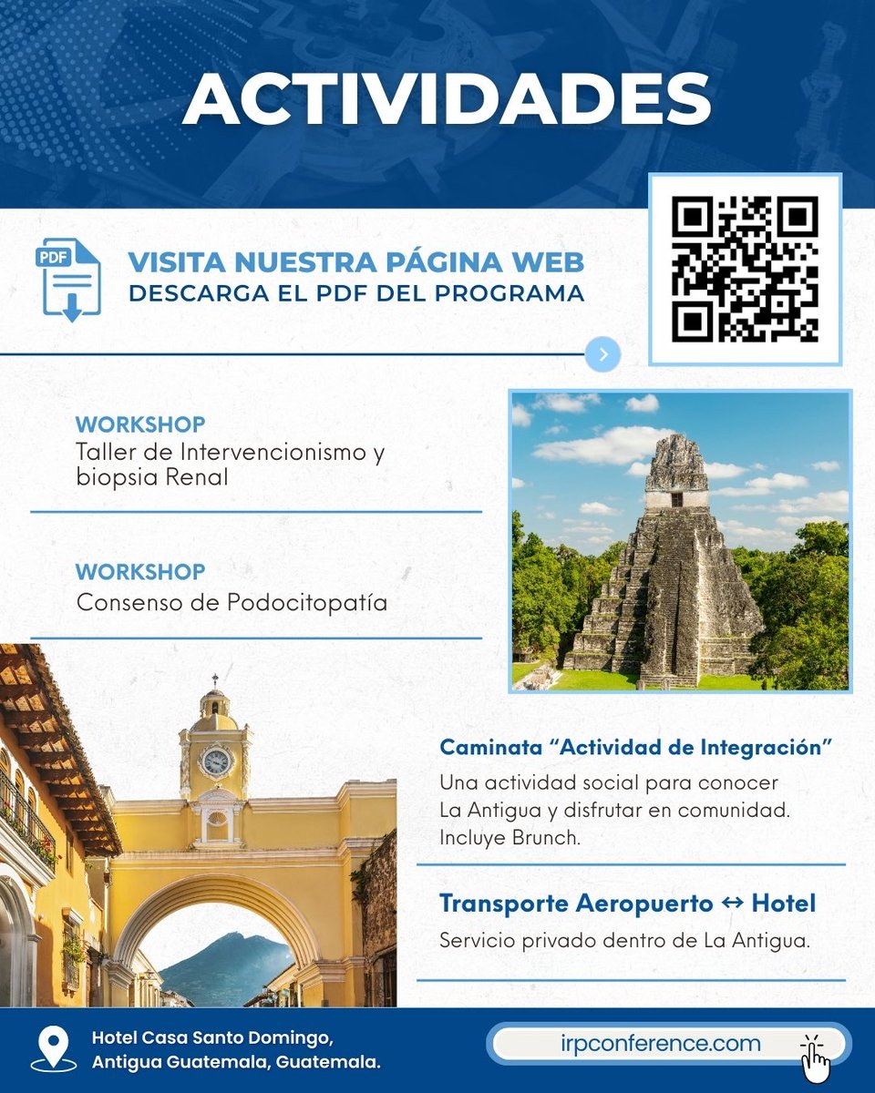 SLANH_'s tweet image. Vive la experiencia IRPC 2026 ✨
La VI Conferencia Internacional de Patología Renal llega a Antigua, Guatemala.
📅 11–14 feb 2026 | 📍 Hotel Casa Santo Domingo
Ciencia, formación, workshops, integración y tours.
👉 irpconference.com
#IRPC2026 #PatologíaRenal #SLANH