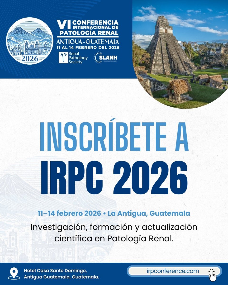 SLANH_'s tweet image. Vive la experiencia IRPC 2026 ✨
La VI Conferencia Internacional de Patología Renal llega a Antigua, Guatemala.
📅 11–14 feb 2026 | 📍 Hotel Casa Santo Domingo
Ciencia, formación, workshops, integración y tours.
👉 irpconference.com
#IRPC2026 #PatologíaRenal #SLANH