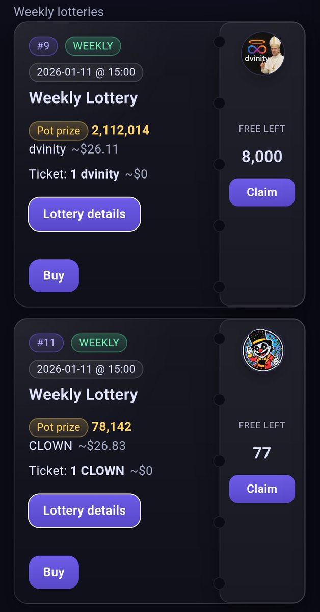 dvinity_icp's tweet photo. π$DVINITY & $CLOWNπ€‘
Our lottery dApp is in beta test and running smooth!π
π $CLOWN joined the weekly lotteries this week!π
π Free tickets available
πAll you need is a wallet.π
β° Draw: Jan 11 Β· 15:00 UTC
Join π https://t.co/b557TrdP1E
$ICP $DVINITY $CLOWN https://t.co/MEdYkf9oAV