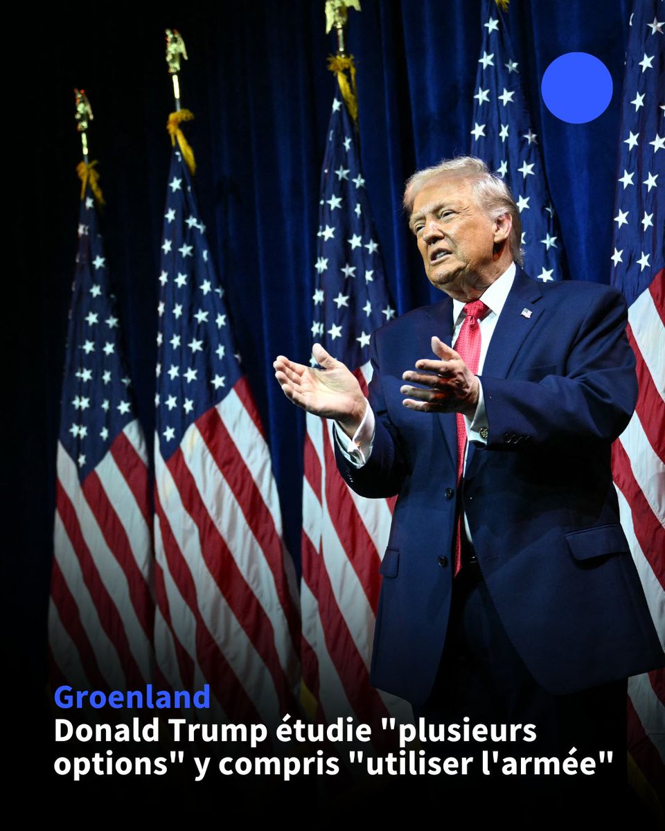 afpfr's tweet image. 🇬🇱 Donald Trump et son équipe "discutent de plusieurs options" pour obtenir le Groenland "et bien sûr, utiliser l'armée américaine est toujours une option à la disposition" du président, a déclaré mardi sa porte-parole Karoline Leavitt ⤵️