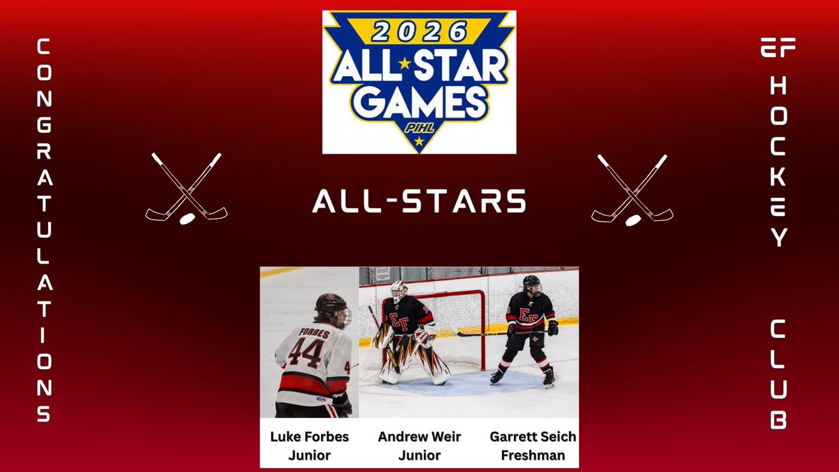 EFSDWarriors's tweet photo. Congratulations to Luke Forbes, Andrew Weir &amp; Garrett Seich, who will be representing Elizabeth Forward Hockey at the PIHL All-Star Game on Sunday, January 25, 2026, at RMU Island Sports Complex! Don't miss the 12 PM puck drop! #warriorproud #EFHockey https://t.co/VI0NGfIWdY