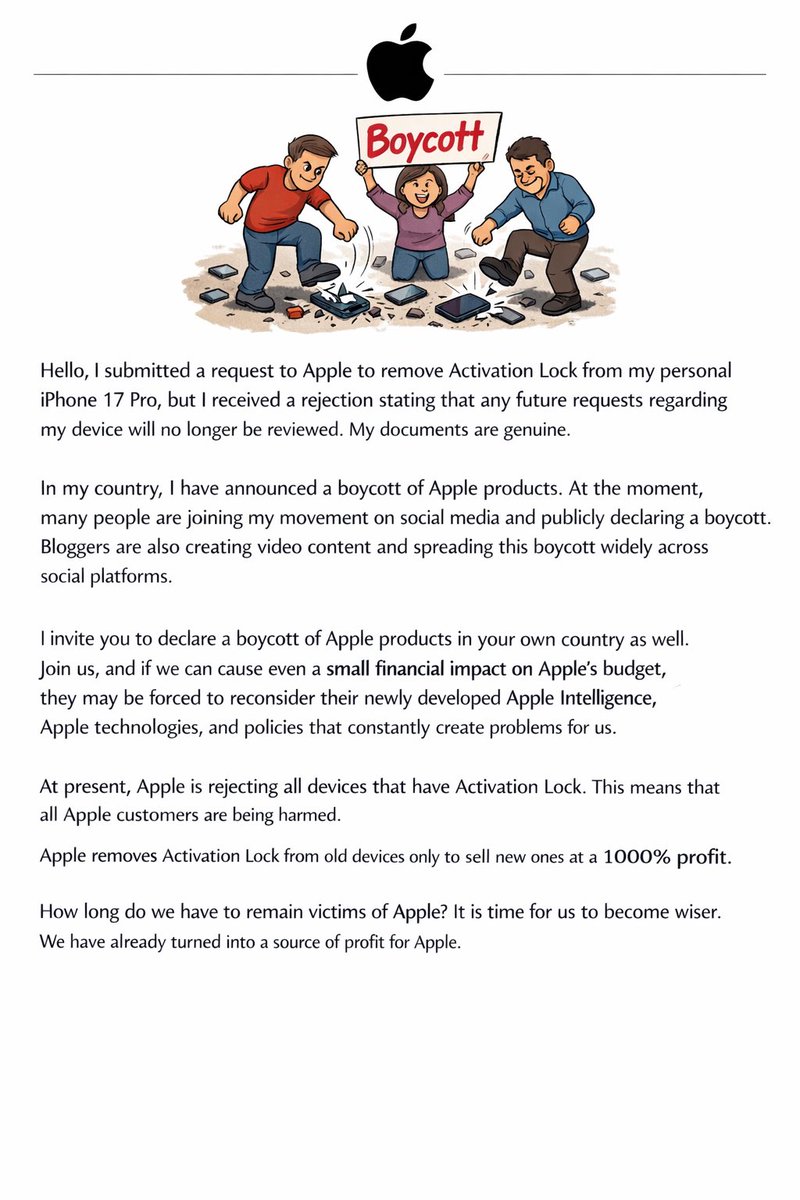 At present, Apple is rejecting all devices that have Activation Lock. This means that all Apple customers are being harmed. Apple removes Activation Lock from old devices only to sell new ones at a 100% profit.

Max retweet my post and we will be winning 🥇.