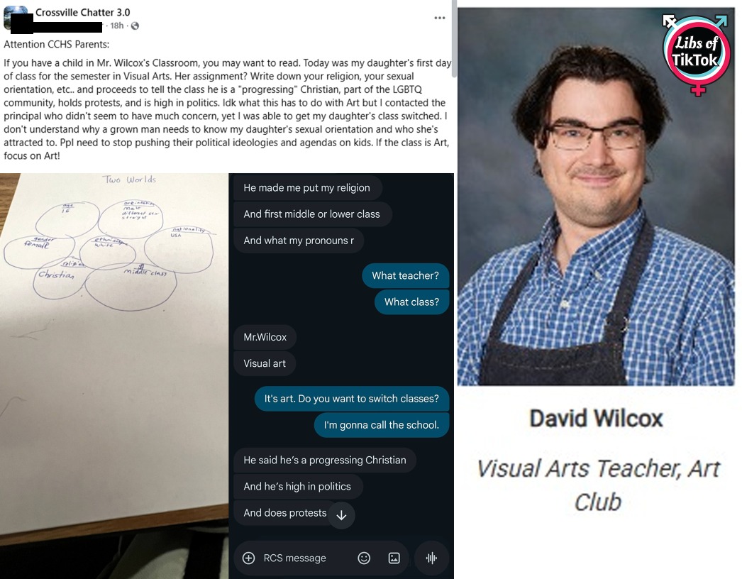libsoftiktok's tweet image. WOW. A parent at Cumberland County High School (@jet_pride) in TN claims her daughter’s teacher made students design charts displaying their sexual orientation, gender, politics, and other identities.

The teacher also allegedly asked students for their "pronouns" and said he…
