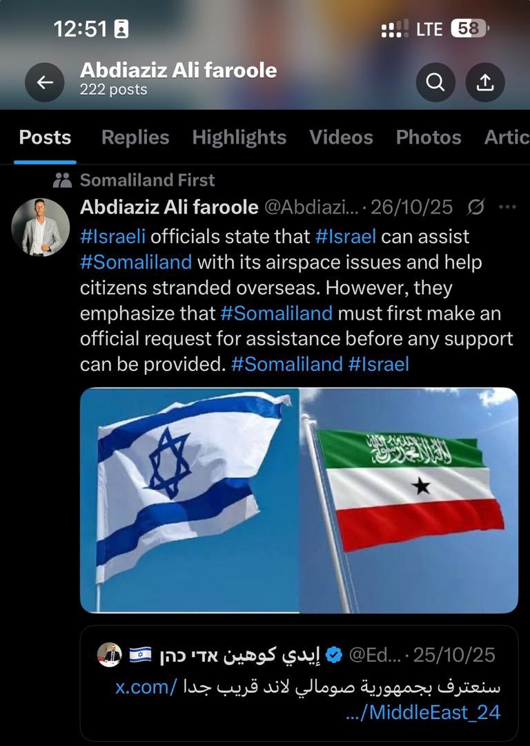jimale_madar's tweet photo. Bishii 3/2025 &amp; Bishii 10/2025 Ayuu Aqoonyahan, Falanqeeye Arinaha Siyaasada Pagekiisa X soo Geliyay Qoraaladan oo Xaqiiqo Dhab ah Noqotay, In Dawlada Israi!l ay Aqoonsanayso Somaliland. 
Aqoonyahan Eng @Abdiaziz_farole  Hore u soco Bro. https://t.co/VhqfWu5nKK