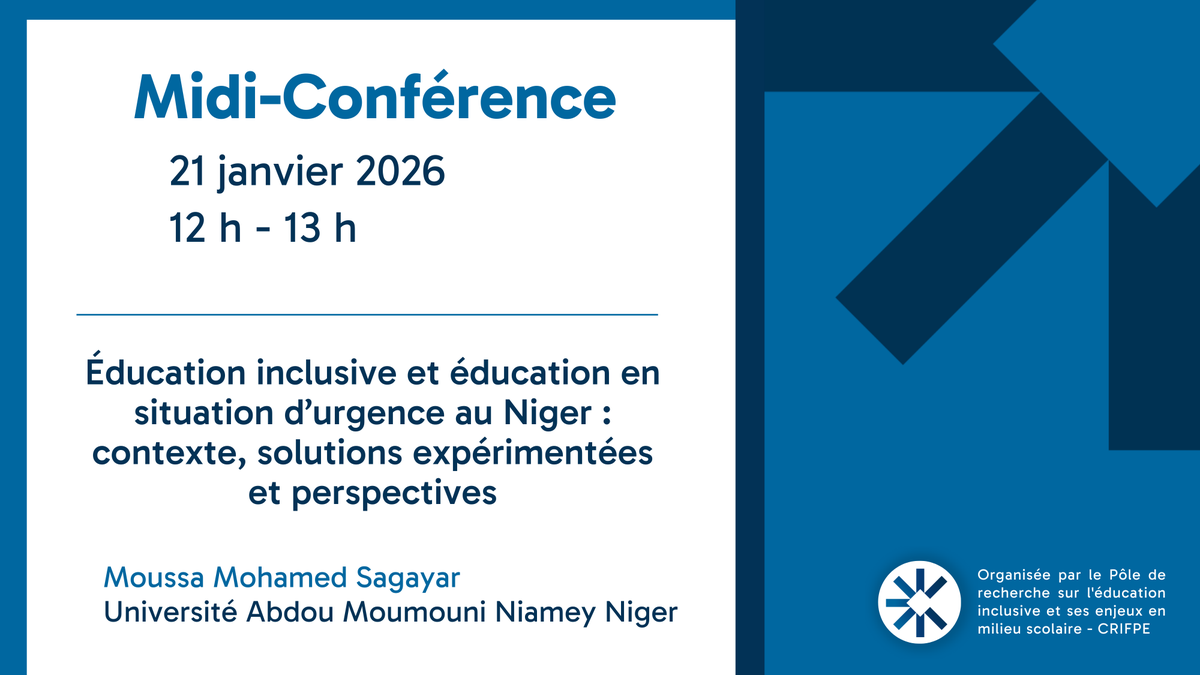 crifpe's tweet photo. 🎓 Ne manquez pas le midi-conférence du 21 janvier 

Pr. Mohamed Sagayar Moussa présentera
« Éducation inclusive et éducation en situation d’urgence au Niger »

🕒 12 h à 13 h (MTL, UTC-5)
📌 Inscription requise 👉 https://t.co/xtNWEXmfYg https://t.co/tdEZEvMGD9