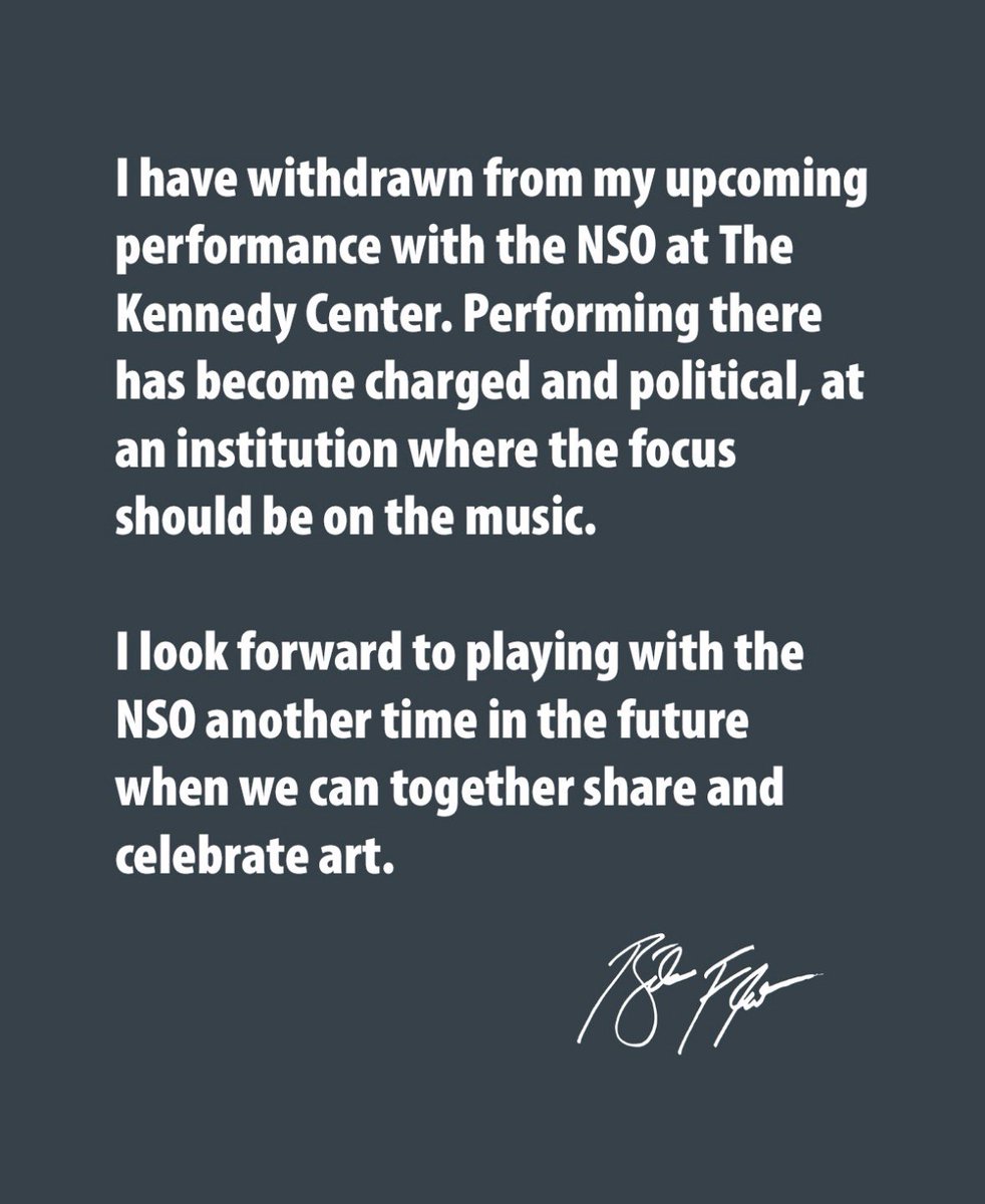 I have withdrawn from my upcoming performance with the NSO at The Kennedy Center. Performing there has become charged and political, at an institution where the focus should be on the music. 

I look forward to playing with the NSO another time in the future when we can together