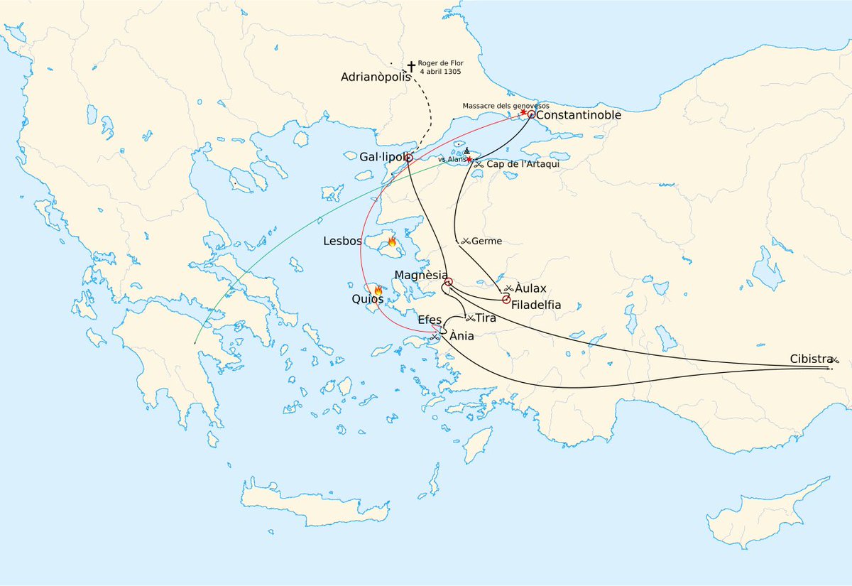 lefineder's tweet image. In 1303, during a lull in the Reconquista, 6,500 unemployed Catalan mercenaries were hired by the Byzantines to check the advance of the Turks in Anatolia.

This "Catalan Company" gained a series of victories over the Turks, driving them back in West Asia, buts so ravaged the…
