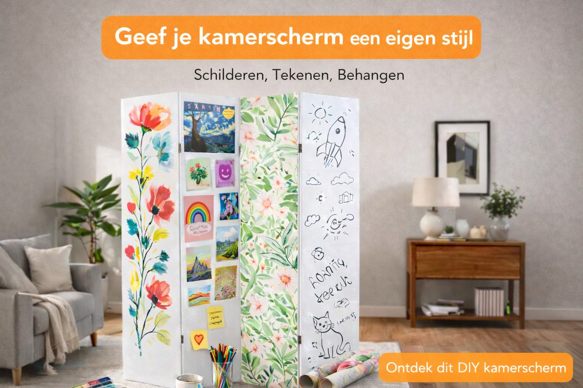 Geef je kamerscherm een eigen stijl. Schilder, teken of behang en maak er een unieke roomdivider van die perfect past bij jouw interieur.  Ontdek dit #DIY #kamerscherm: bit.ly/3YXxjHR  #roomdivider #interieurinspiratie #creatiefwonen #zelfmaken #woonidee