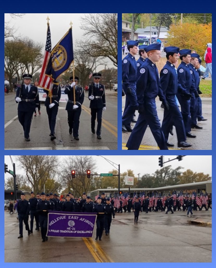 BEAFJROTC's tweet photo. Our cadets marched in the freezing early morning for the Veterans day parade, on the 8th of November, with our color guard leading the corps. 

@HQAFJROTC @ChieftainNation 

#OURHOUSE #AFJROTC #NE021 https://t.co/B3RrE4kZF1