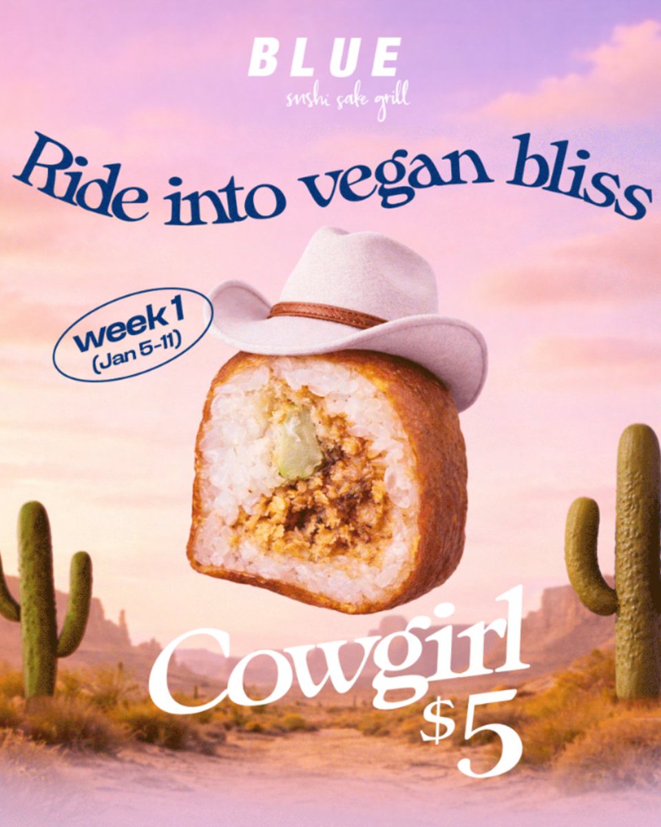 NovusASU's tweet image. Veganuary is rolling at Blue Sushi Sake Grill Novus Place...🌱🍣
Now through Jan 11: $5 Cowgirl roll + new vegan sushi deals each week. Start the year off right! #Veganuary #VeganSushi #BlueSushi #NovusPlace #PlantBasedEats #TempeEats #VeganDeals #SushiLovers #StartTheYearRight