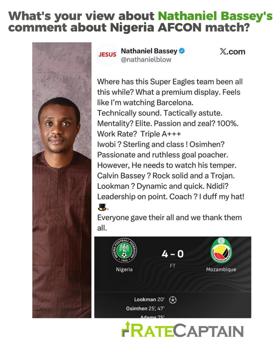 TheRateCaptain's tweet photo. Nathaniel Bassey reacting to Nigeria winning Mozambique 4-0 in AFCON
What's your view about Nathaniel Bassey's comment about Nigeria AFCON match yesterday?
#afcon #nathanielbassey #sport #football #soccer #Tacha #Osim https://t.co/JTyuwKTIDa
